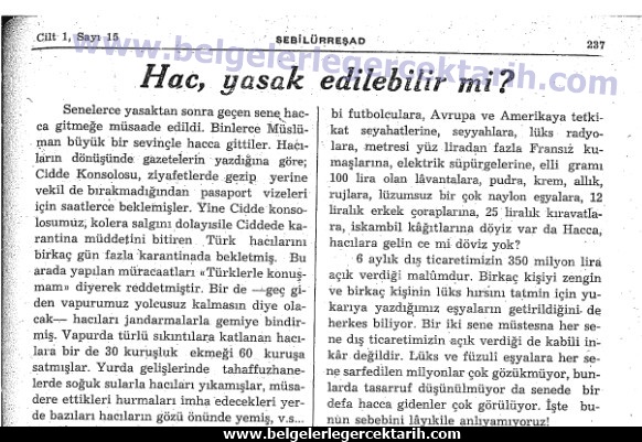 hac yasagi hacca gitmek yasaklandi mi, sebilürresad dergisi Eylül 1948, cild 1 sayi 15, sayfa 237,