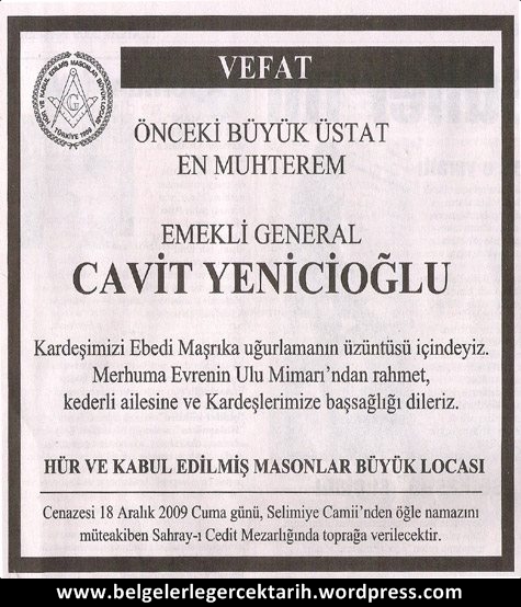 hürriyet gazetesinde cok sey anlatan bir vefat ilani mason general