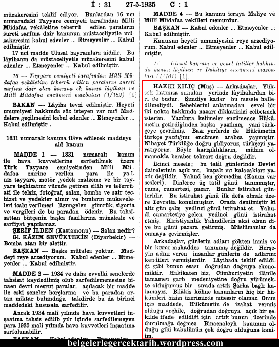 Atatürk cuma tatili cuma günü tatili cuma namazi chp hakki kilic cuma günü pazar oldu belge