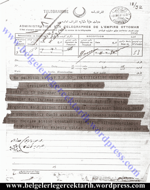 Hindistan'dan Osmanli Devleti'ne Mukhtar Ahmad Ansari baskanliginda bir saglik heyetinin gönderildigini haber veren bir telgraf