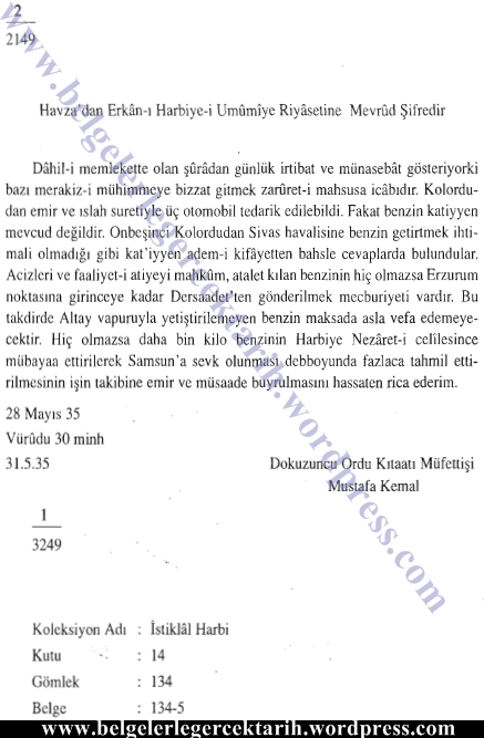 belge 5 benzin verilecek kemal atatürk kurtulus savasi padisah vahdettin latinize