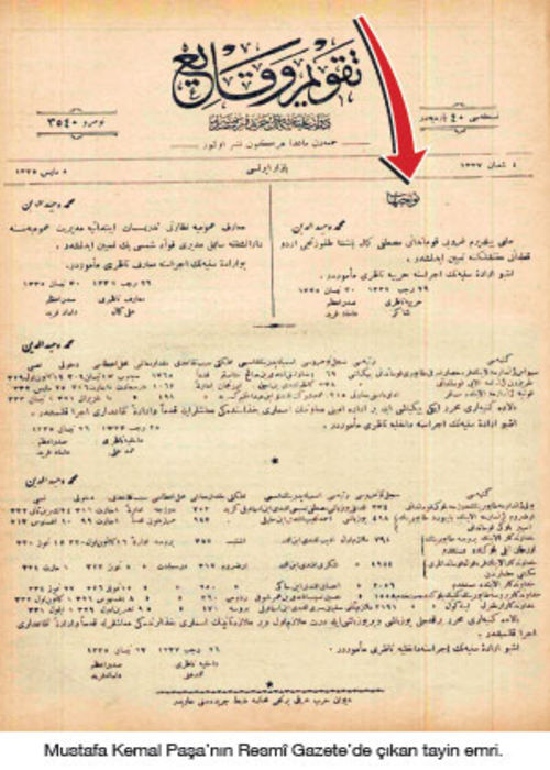 m. kemalin samsuna cikis belgesi, atatürkün samsuna cikis belgesi m. kemal takvimi vekayi resmi gazete, m. kemal atatürkün anadoluya gecis sultan vahideddin damat ferid