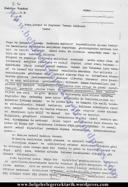 atatürk carsaf yasagi atatürk pece yasagi atatürk tesettür yasagi atatürk basörtüsü belge 23 nisan 1937