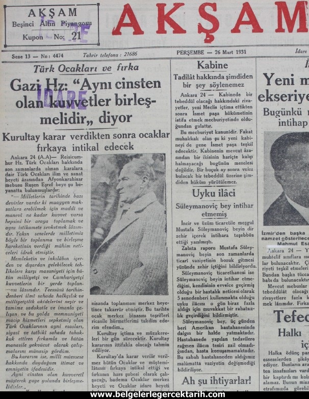 m. kemal atatürk mason localari m. kemal atatürk türk ocaklari aksam gazetesi 26 Mart 1931