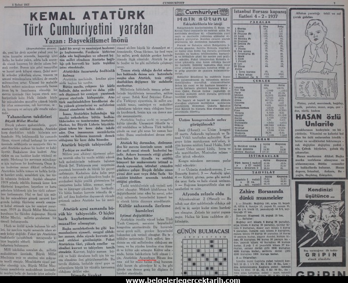 ismet inönü ayasofya müze ayasofya cami m. kemal atatürk cumhuriyet gazetesi sayfa 7