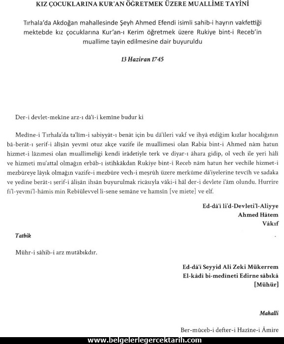 osmanlida kiz cocuklarina Kur'an ögretmek icin kadin muallime tayini 1