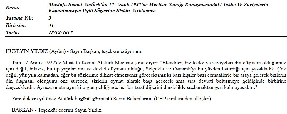 Atatürk-17-Aralık-1927-söz m. kemal atatürk cemaatler m. kemal cemaatler atatürk tarikatlar m. kemal tarikatlar din düsmani oldugumuz icin kapatmadik chp milletvekili hüseyin yildiz